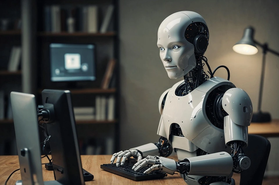 Robot ved datamaskin som illustrerer hvordan kunstig intelligens endrer kompetansekrav og arbeidsformer.