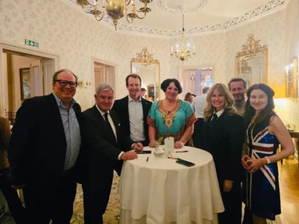 Annie Schur, Robert Schur, British Ambassador Jan Thompson, Oslo Mayor Anne Lindboe, Portuguese Ambassador Pedro Pessoa e Costa, Erik Dugstad, and Pål Sandvid.