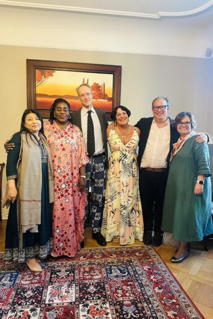 Annie Schur, Robert Schur, investor Carsten Hjelde, Indian Ambassador Gloria Gangte, and South African Ambassador Delores Kotze at a multicultural reception.